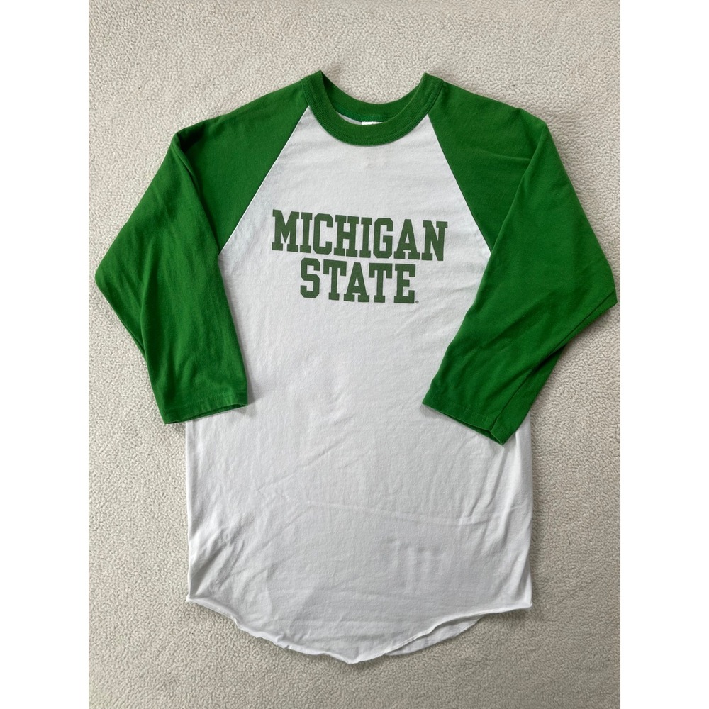 Vintage 90s Mens Michigan State Medium Raglan Baseball Tee White Green Raglan